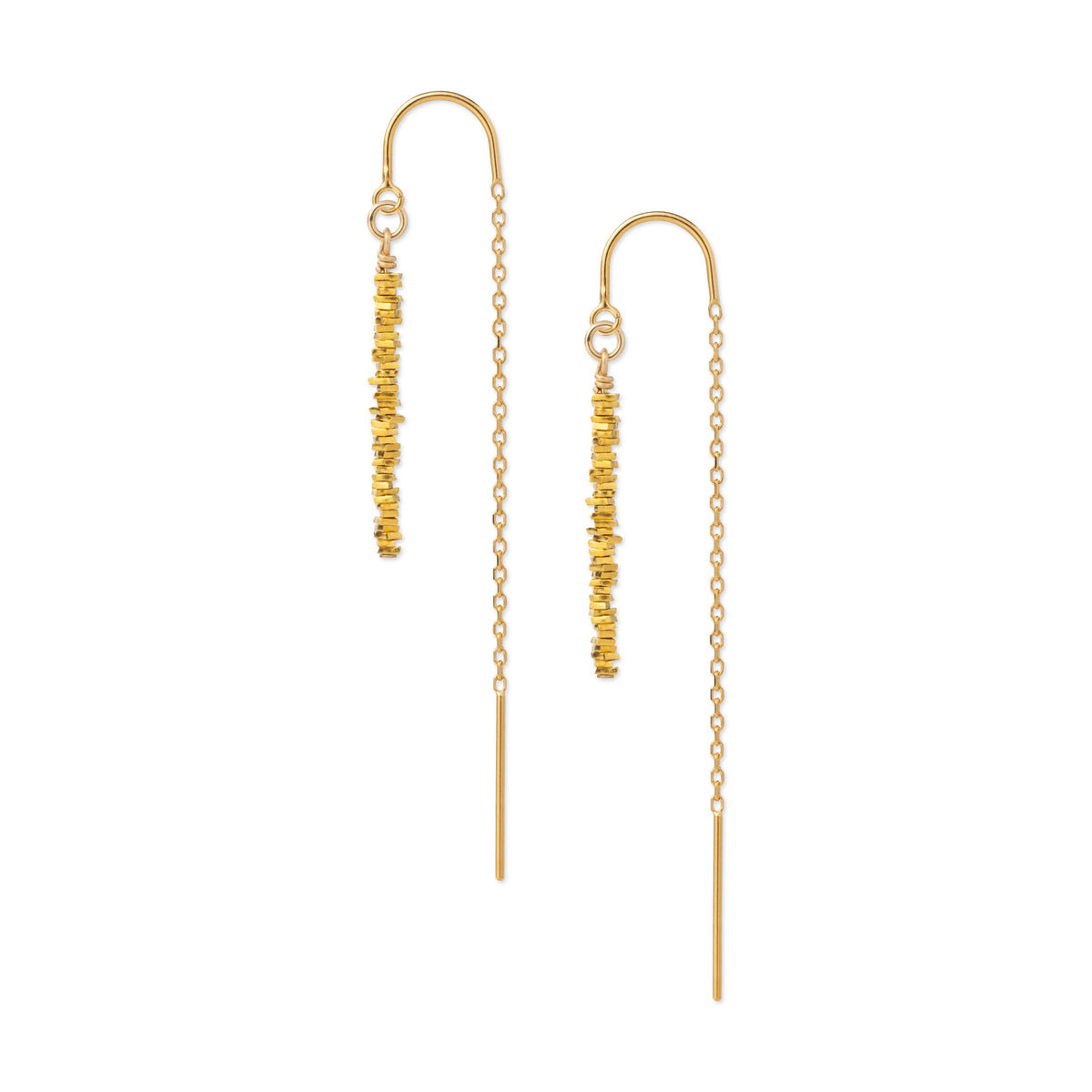 A pair of gold drop earrings with textured bead clusters, delicate chain links, and straight dangling bars, shown on a plain white background.