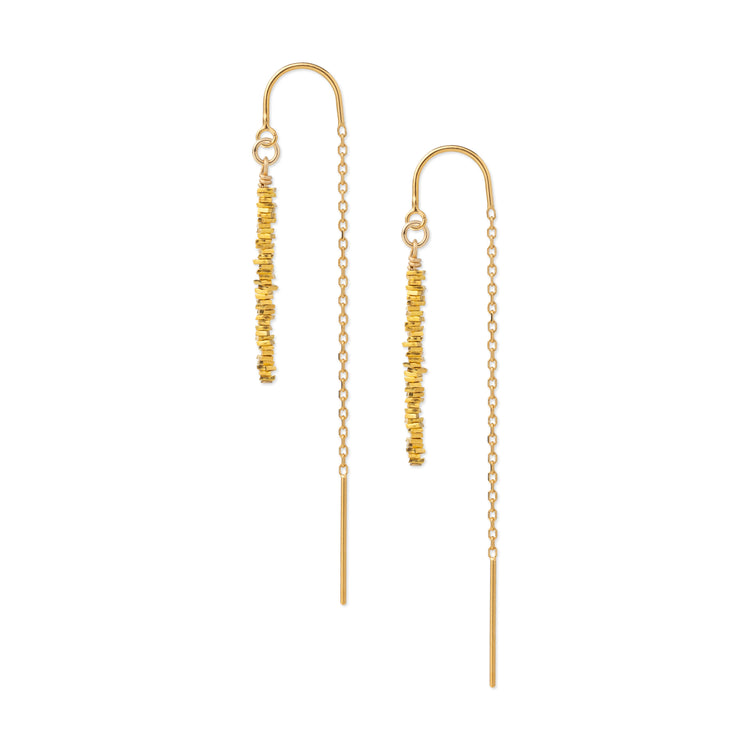 A pair of gold drop earrings with textured bead clusters, delicate chain links, and straight dangling bars, shown on a plain white background.