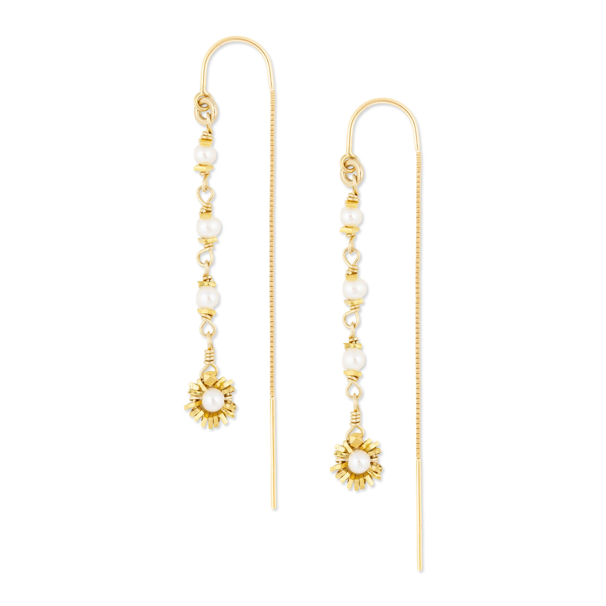 Gold threader earrings with pearl accents on a white background