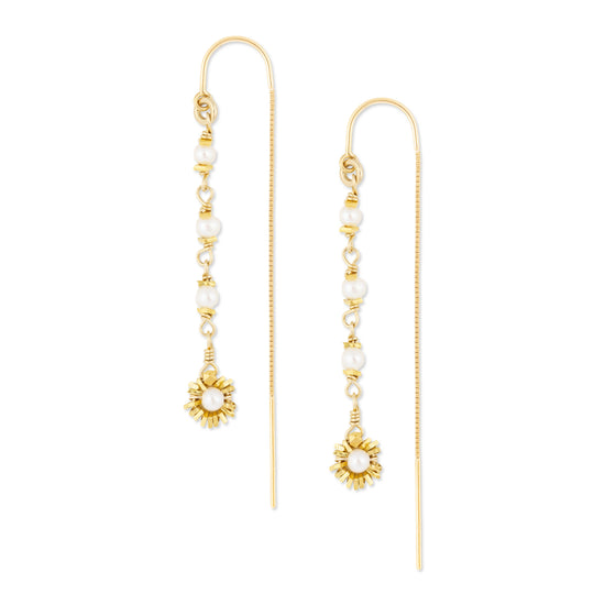 Gold threader earrings with pearl accents on a white background