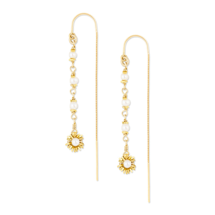 Gold threader earrings with pearl accents on a white background