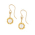 Gold earrings with pearl center on a white background