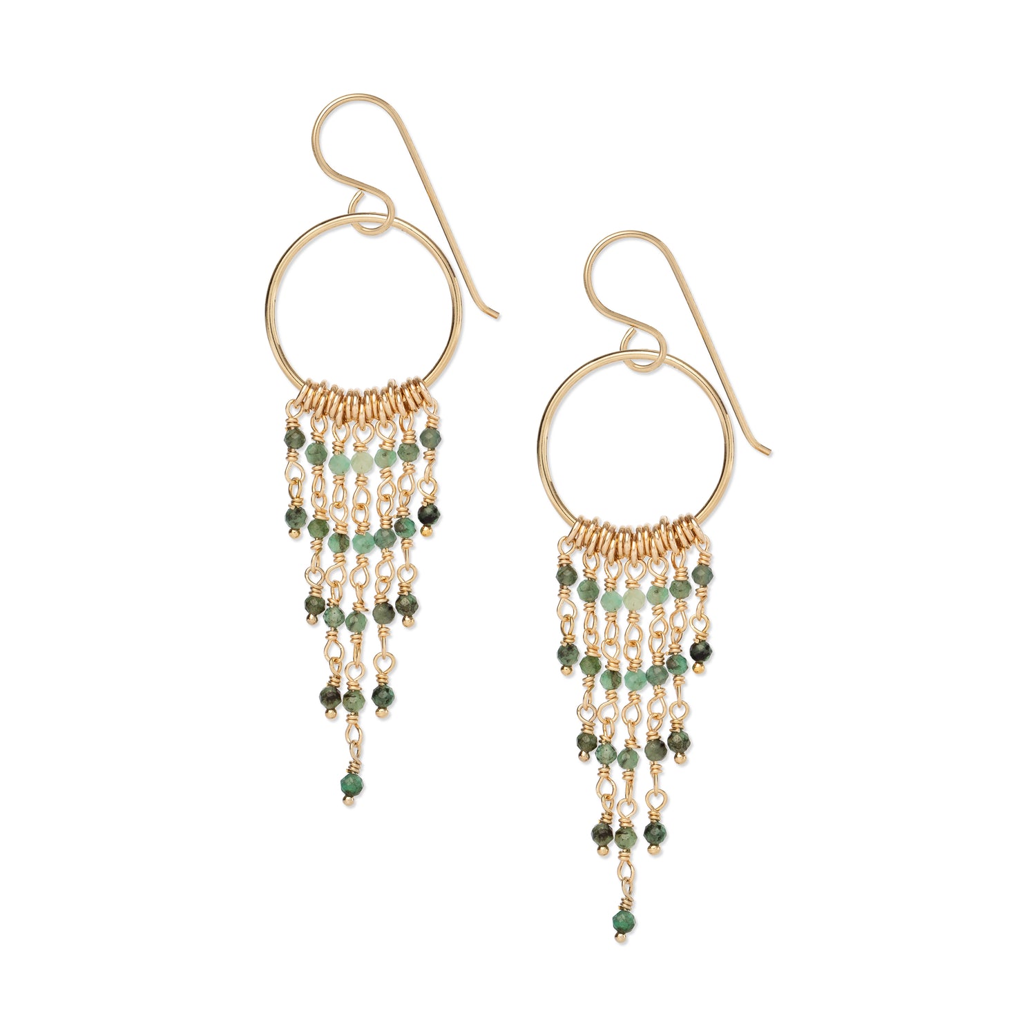 Emerald fringe circle earrings with a gradient of green color from dark to light
