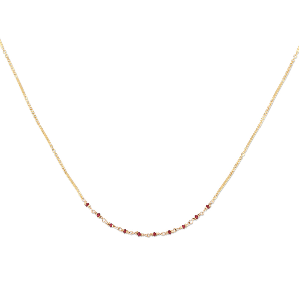 Gold chain necklace with ten ruby beads 