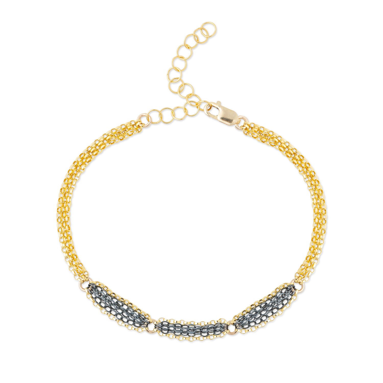 A mixed metal bracelet with a patterned chain of 14K gold-fill and oxidized sterling silver, displayed on a white background.