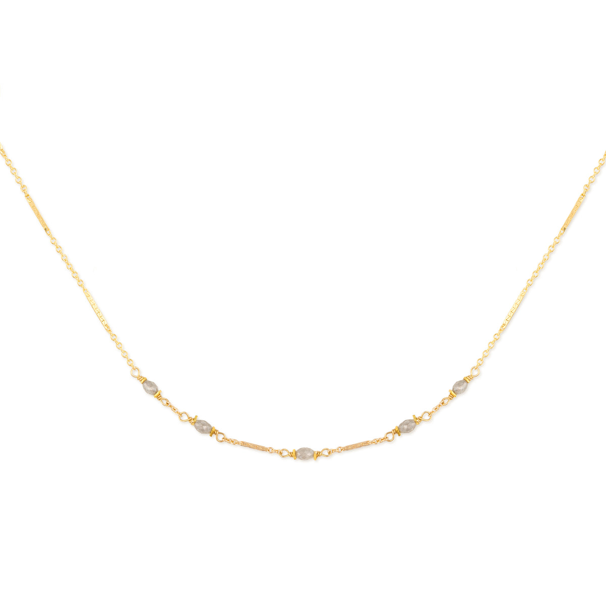 14K Gold necklace with small gray diamond beads on a white background