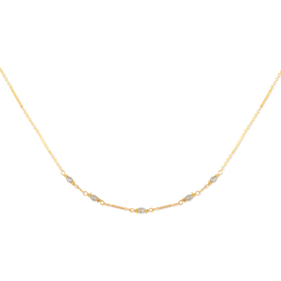 14K Gold necklace with small gray diamond beads on a white background