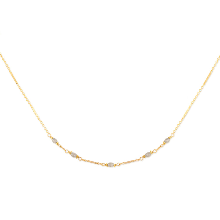 14K Gold necklace with small gray diamond beads on a white background