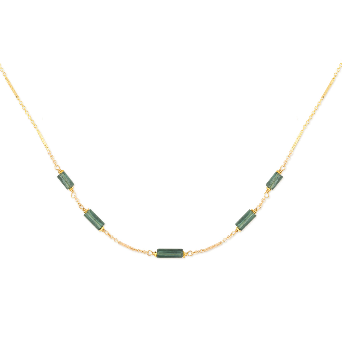 Necklace with teal tourmaline beads on a gold chain against a white background
