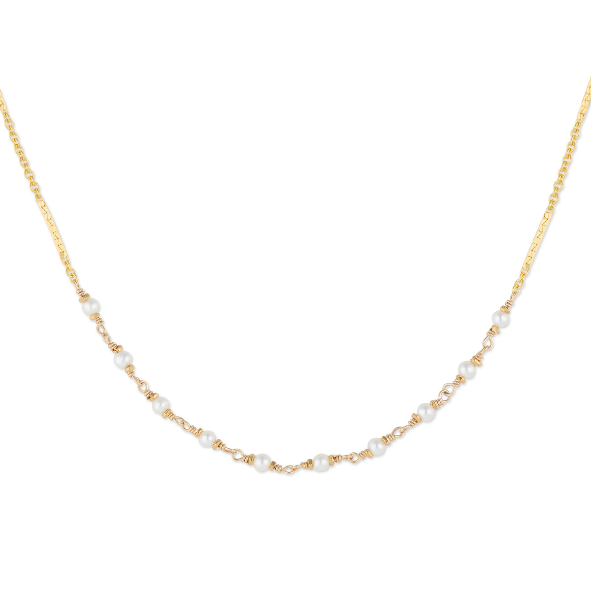 Gold necklace with small pearls on a white background