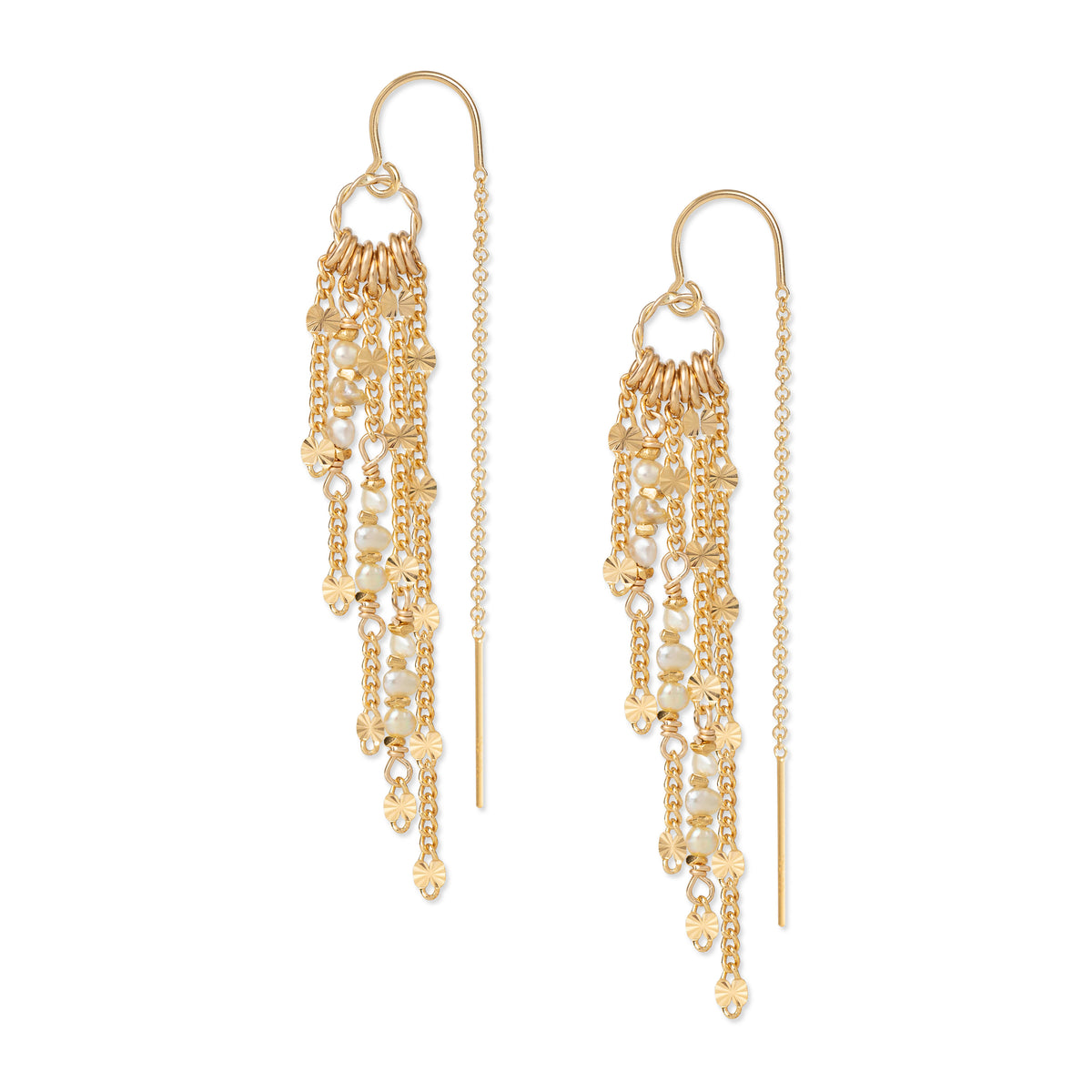 A pair of gold-filled chain earrings with keshi pearls, featuring a textured pattern and fringe design.