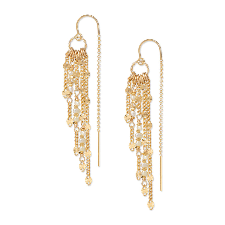 A pair of gold-filled chain earrings with keshi pearls, featuring a textured pattern and fringe design.