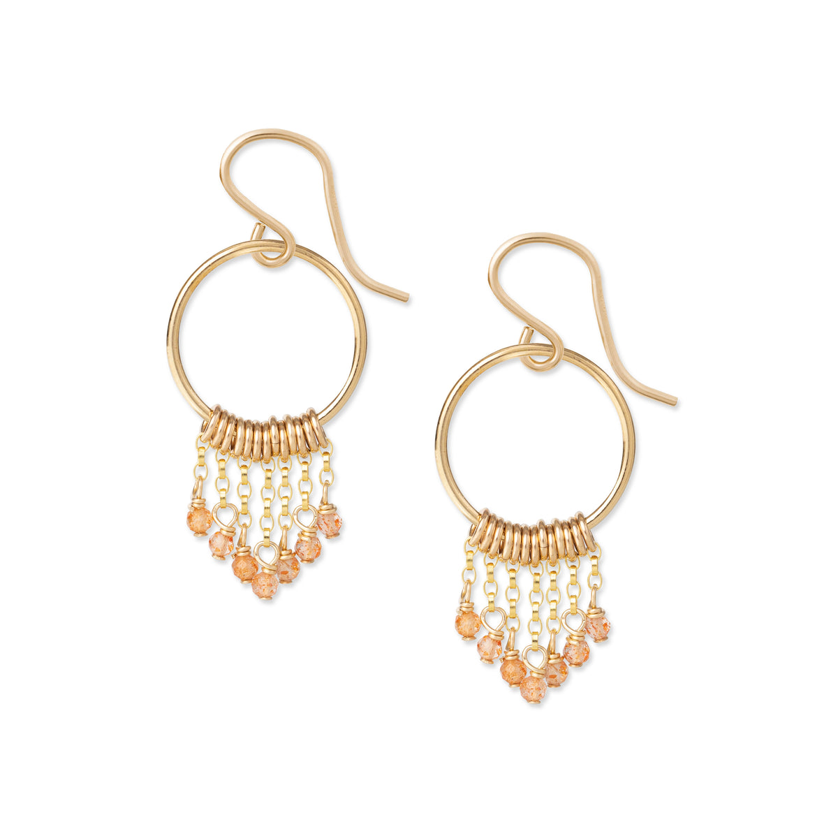 A pair of petite gold fringe earrings embellished with tiny faceted sunstone gemstones.