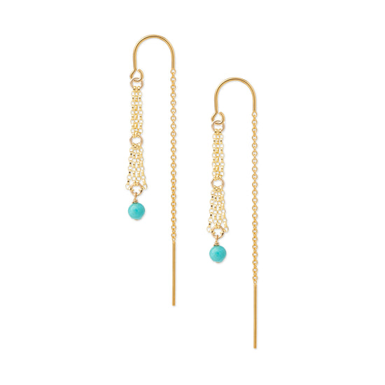 A pair of gold drop earrings with intricate chain details and small turquoise blue beads at the bottom, shown on a plain white background.