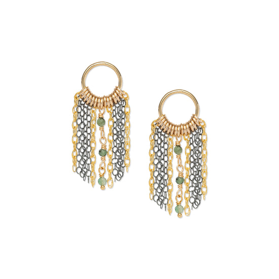 Mixed metal circle post fringe earrings with three emerald stone accents down the middle