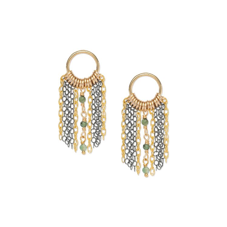 Mixed metal circle post fringe earrings with three emerald stone accents down the middle