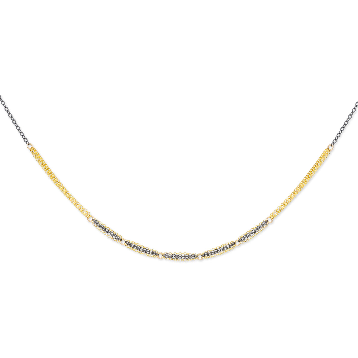 A double-stranded mixed metal necklace with a combination of gold-fill and oxidized sterling silver showcasing a patterned chain design.