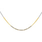 A double-stranded mixed metal necklace with a combination of gold-fill and oxidized sterling silver showcasing a patterned chain design.