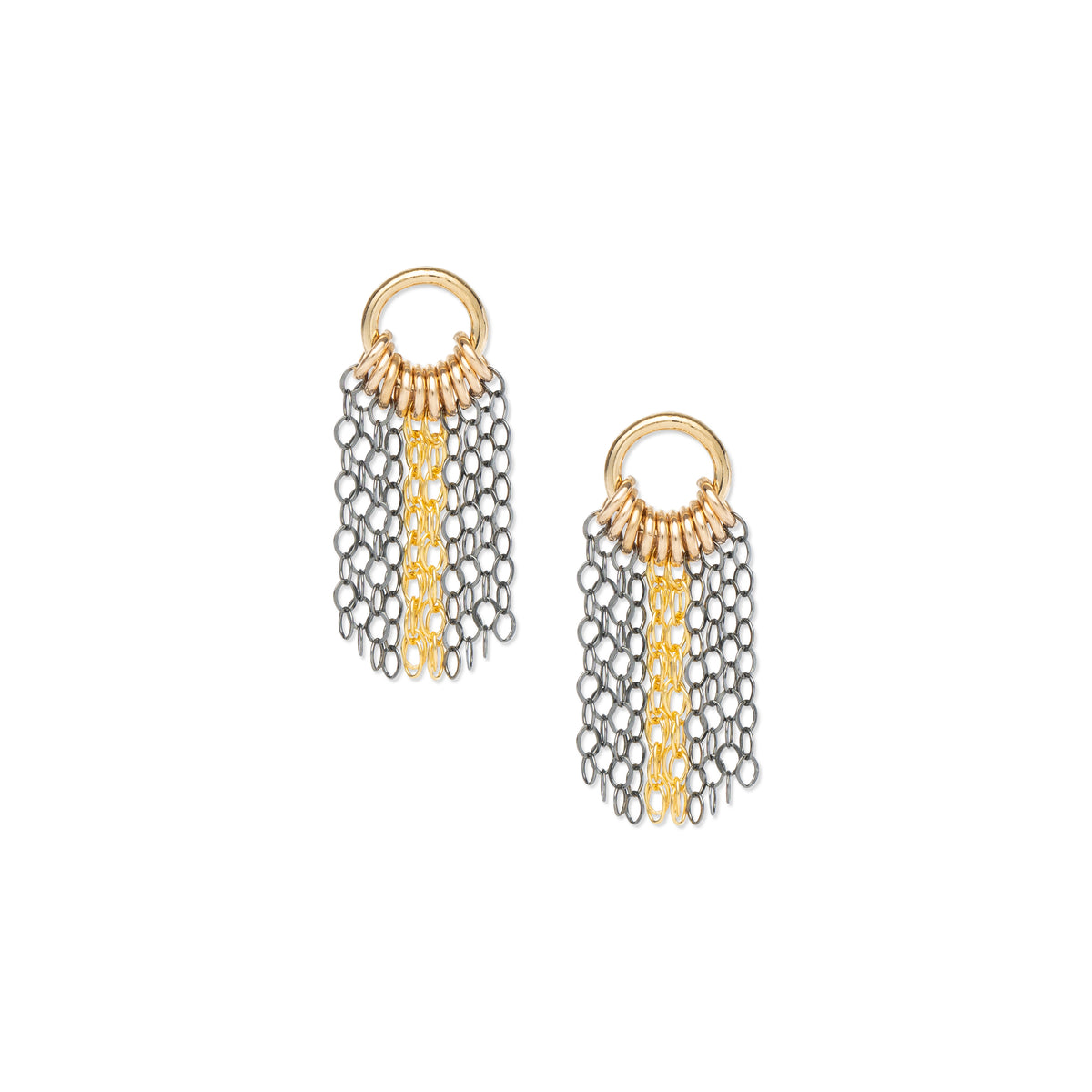 A pair of mixed metal fringe design post earrings with a gold-fill and oxidized sterling silver finish