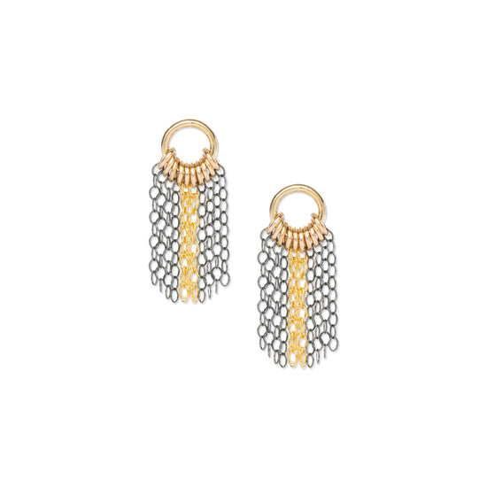A pair of mixed metal fringe design post earrings with a gold-fill and oxidized sterling silver finish