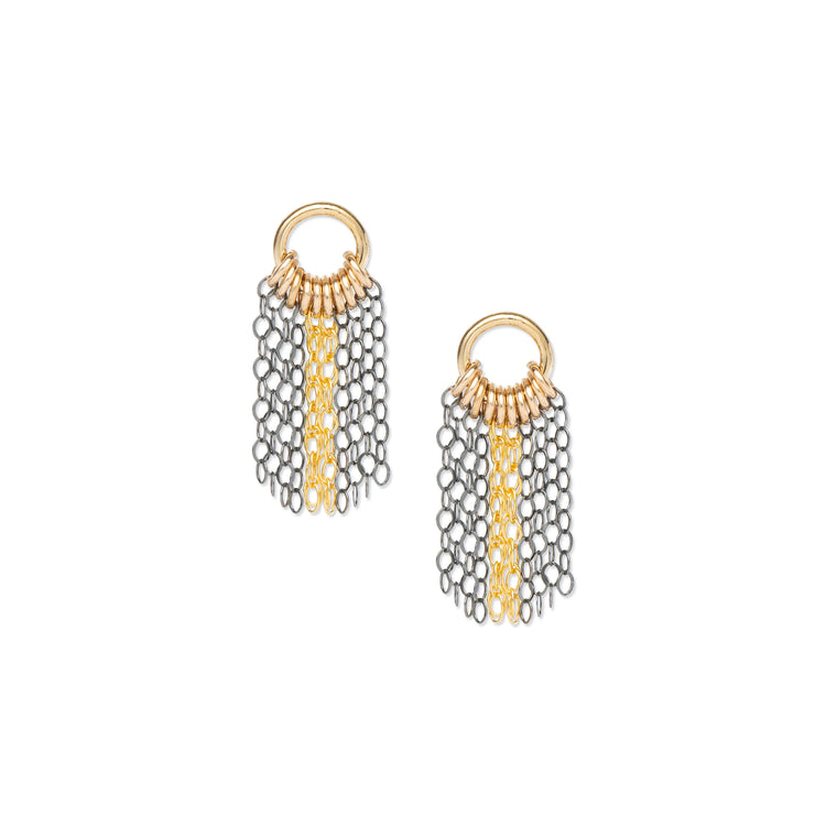 A pair of mixed metal fringe design post earrings with a gold-fill and oxidized sterling silver finish