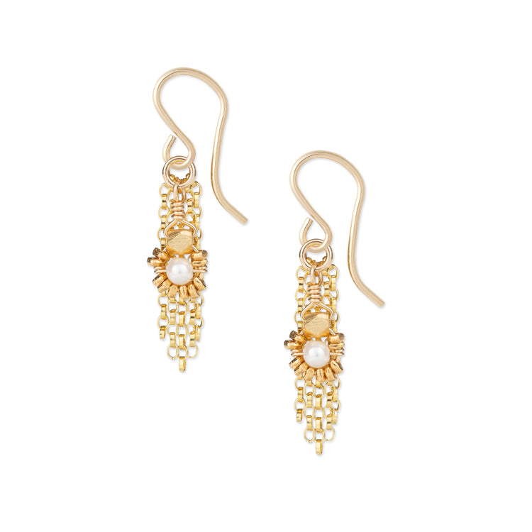 Gold earrings with pearl accents on a white background