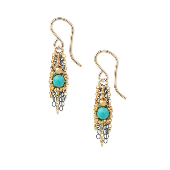 A pair of gold-tone dangle earrings with a central turquoise bead and intricate gold and silver chain details, shown on a plain white background.