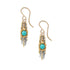 A pair of gold-tone dangle earrings with a central turquoise bead and intricate gold and silver chain details, shown on a plain white background.