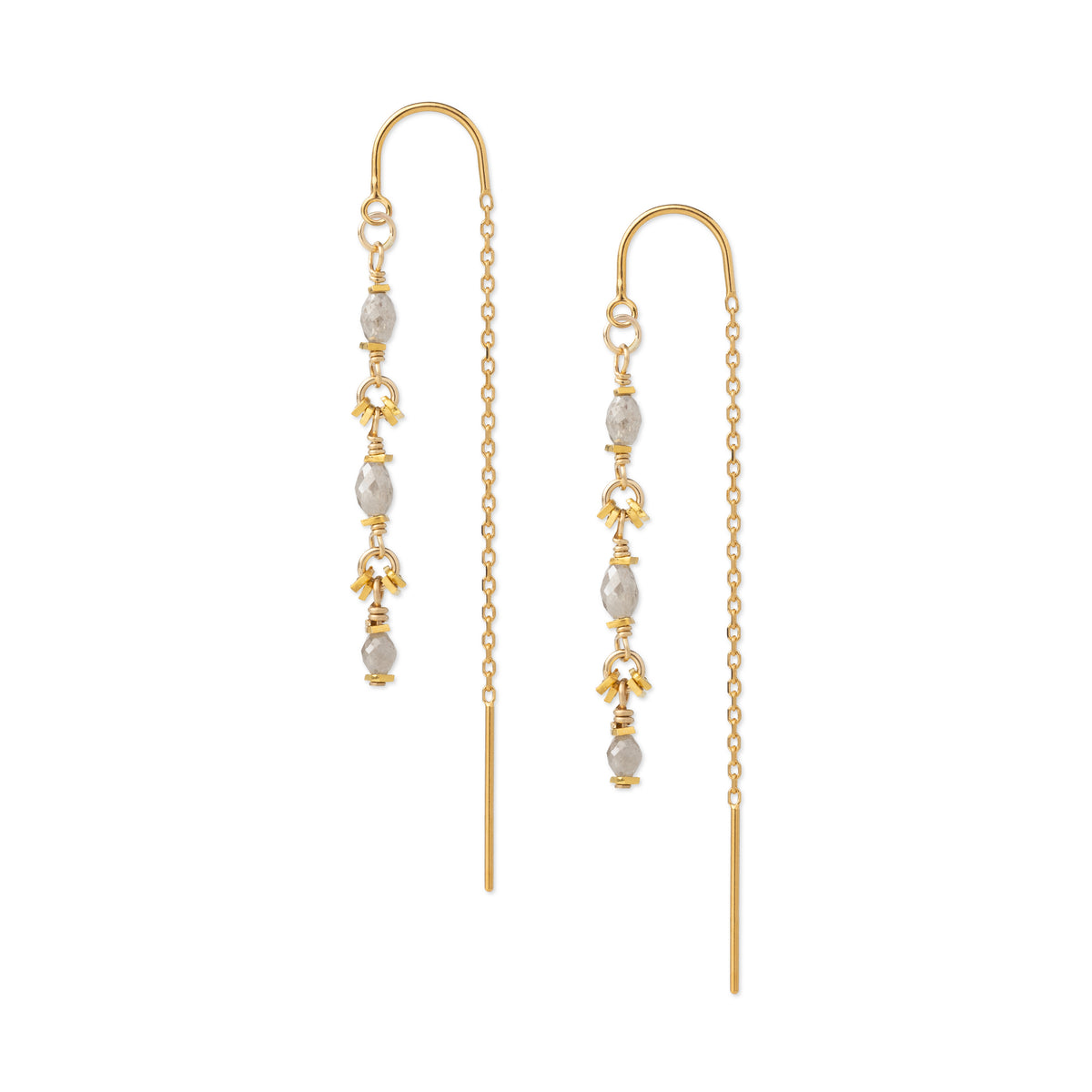 A pair of gold dangle earrings with small gray faceted diamond beads and delicate chain details, shown on a plain white background.