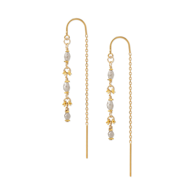 A pair of gold dangle earrings with small gray faceted diamond beads and delicate chain details, shown on a plain white background.