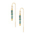 A pair of gold dangle earrings with rectangular teal tourmaline  beads and small gold spacer details, shown against a plain white background.