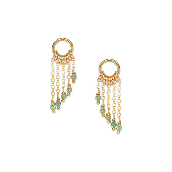 A pair of 14K gold-fill fringe post earrings with faceted emerald stones.