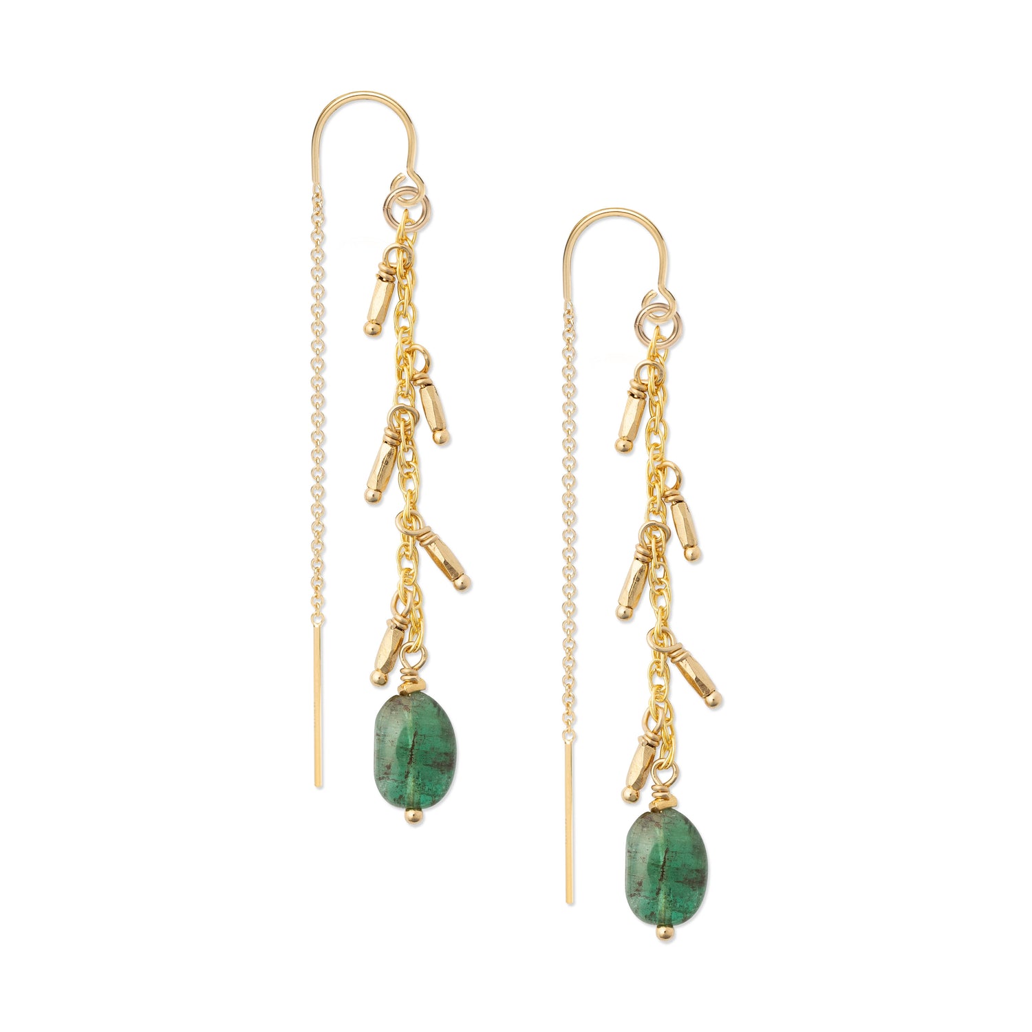 A pair of gold-colored threader earrings featuring natural emerald drops.