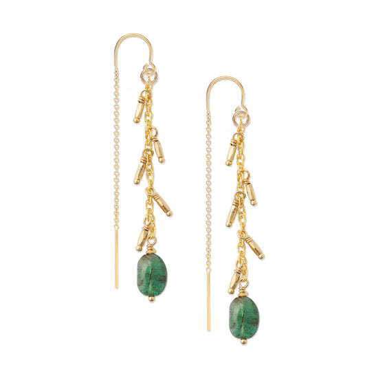 A pair of gold-colored threader earrings featuring natural emerald drops.