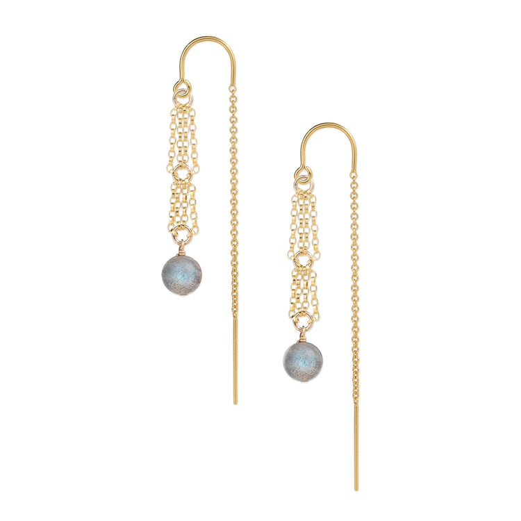 Gold chain earrings with small round labradorite gemstones on a white background