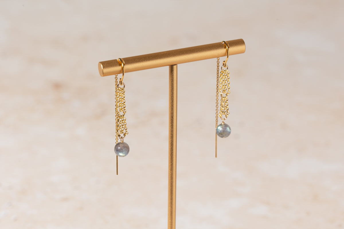 Gold earrings with labradorite drops on a gold stand against a beige background