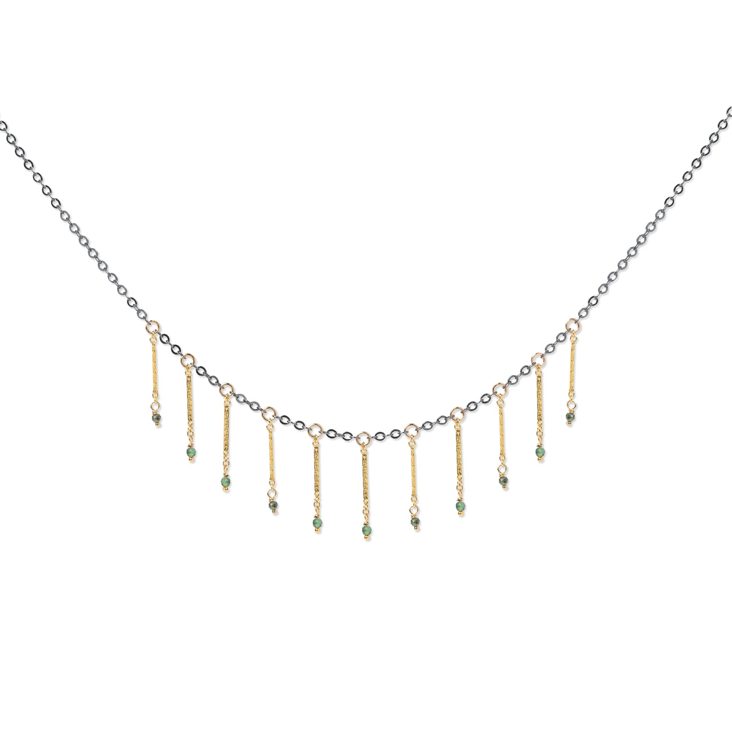 Mixed metal gold-fill fringe necklace with emerald bead drops 
