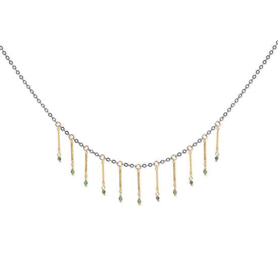 Mixed metal gold-fill fringe necklace with emerald bead drops 