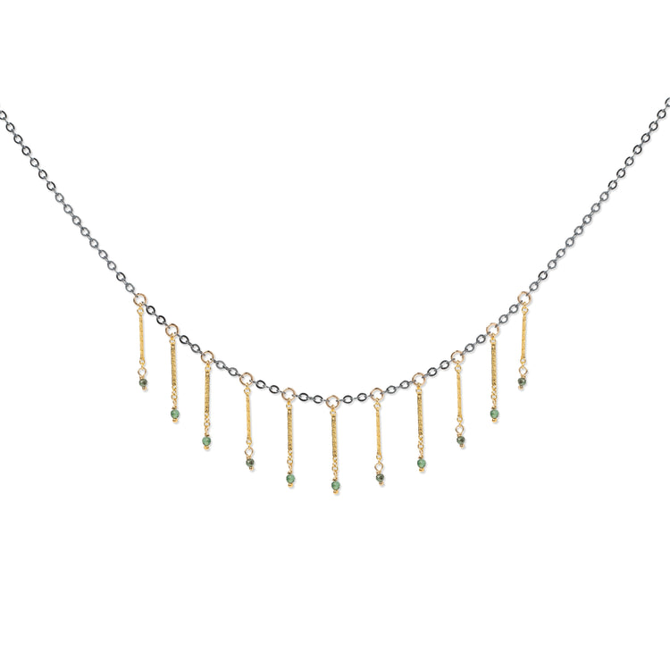 Mixed metal gold-fill fringe necklace with emerald bead drops 