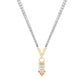 Necklace with a gold and oxidized silver pendant with garnet stones on a white background
