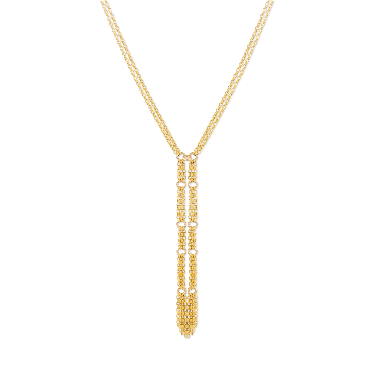 A gold Y-necklace featuring a long, vertical dangle pendant adorned with small, textured gold details, set against a plain white background.