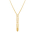 A gold Y-necklace featuring a long, vertical dangle pendant adorned with small, textured gold details, set against a plain white background.
