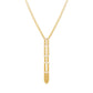A gold Y-necklace featuring a long, vertical dangle pendant adorned with small, textured gold details, set against a plain white background.