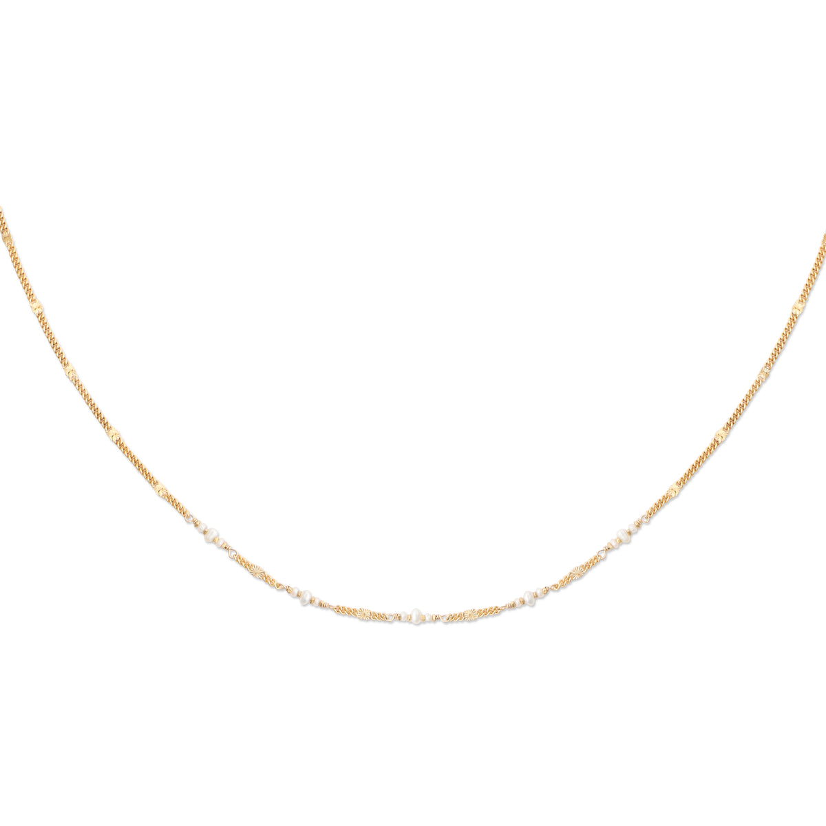 A gold-colored necklace with a patterned chain and small pearls