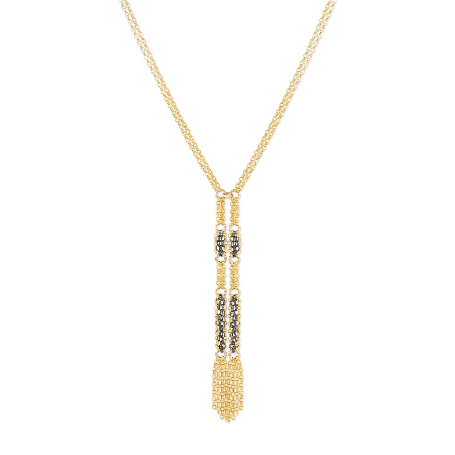 A gold-toned necklace with a long, intricate pendant featuring textured gold sections and small dark metallic accents, displayed against a solid white background.