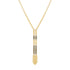 A gold-toned necklace with a long, intricate pendant featuring textured gold sections and small dark metallic accents, displayed against a solid white background.