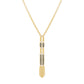 A gold-toned necklace with a long, intricate pendant featuring textured gold sections and small dark metallic accents, displayed against a solid white background.