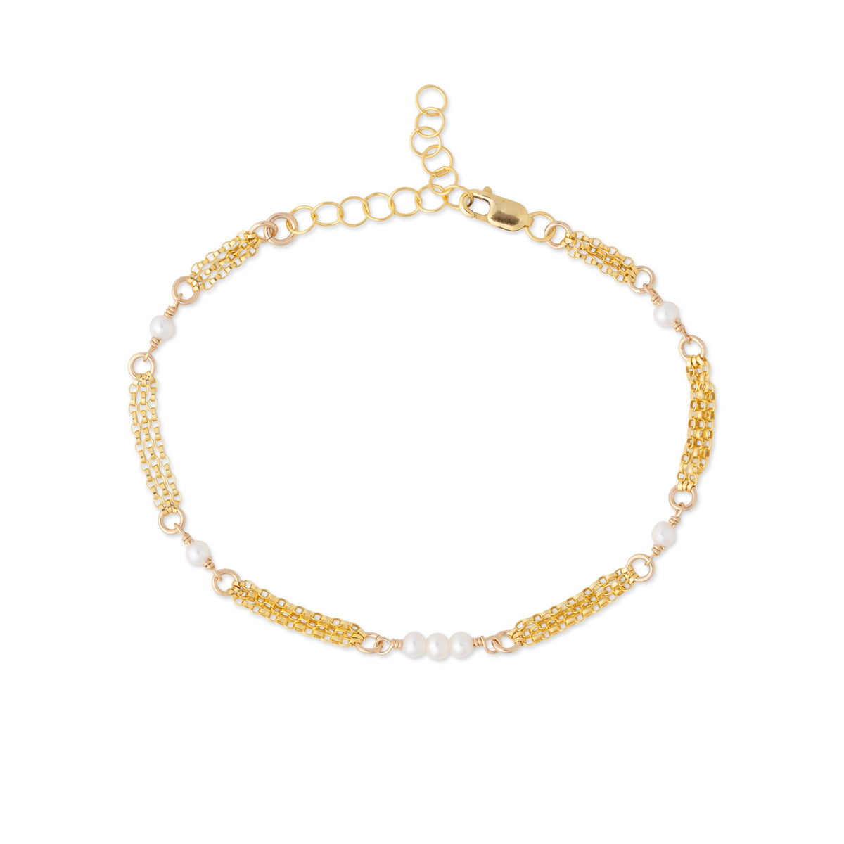 A delicate gold chain anklet featuring alternating small white pearl beads and textured gold spacer links, displayed on a clean white background.