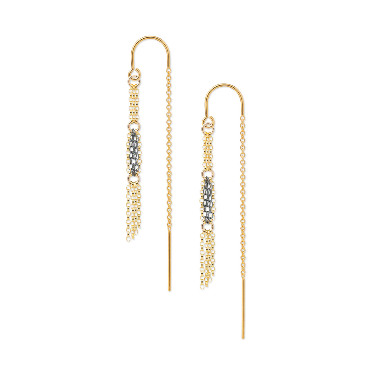A pair of gold dangle earrings with textured metallic beadwork and small clear stones, shown on a plain white background.