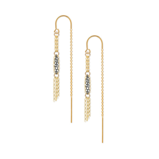 A pair of gold dangle earrings with textured metallic beadwork and small clear stones, shown on a plain white background.
